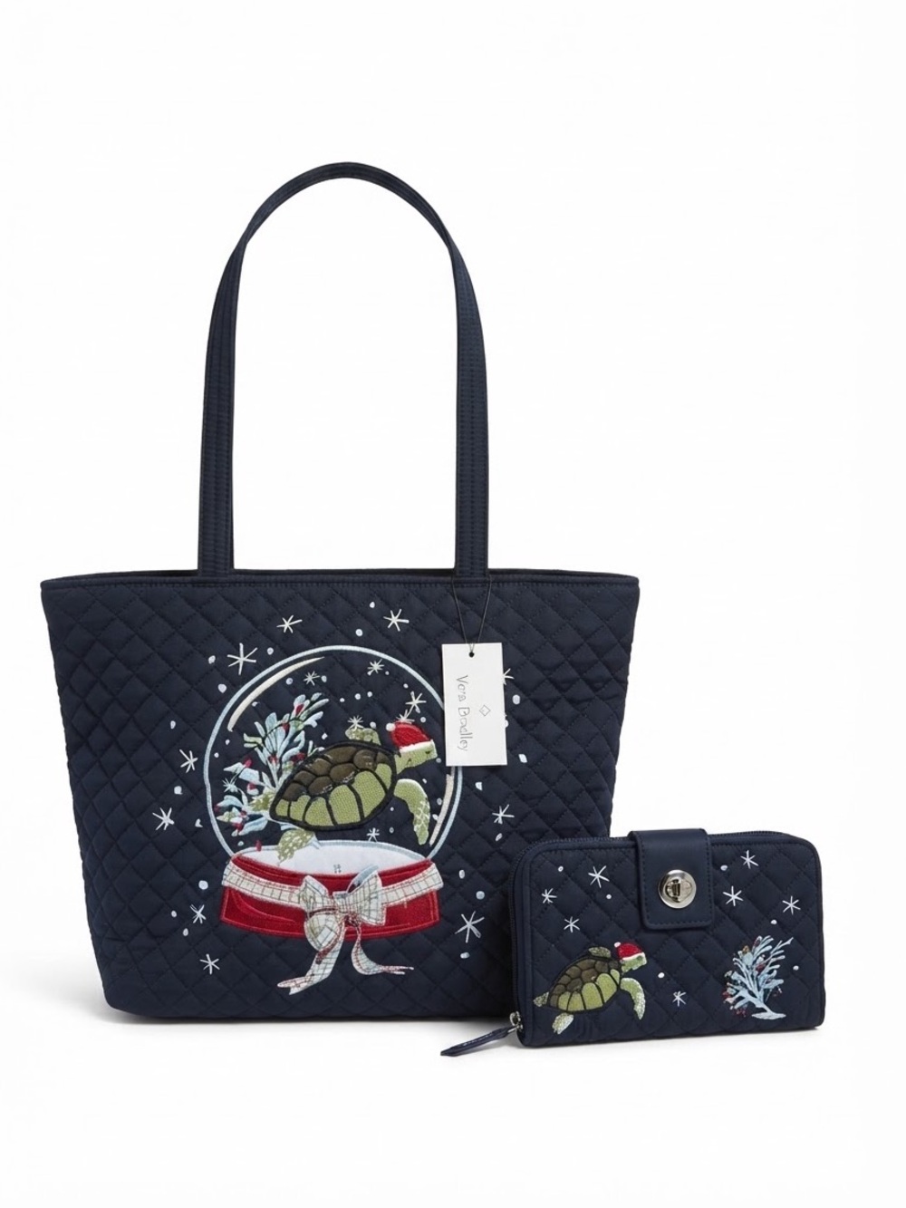 Vera Bradley Small Vera Tote & RFID Turnlock Wallet Set - Santa Turtle Navy